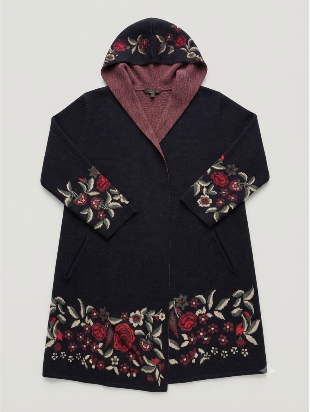 MAXSPORT Women's XL Hooded Cardigan Sweater Floral Embroidered Black EUC